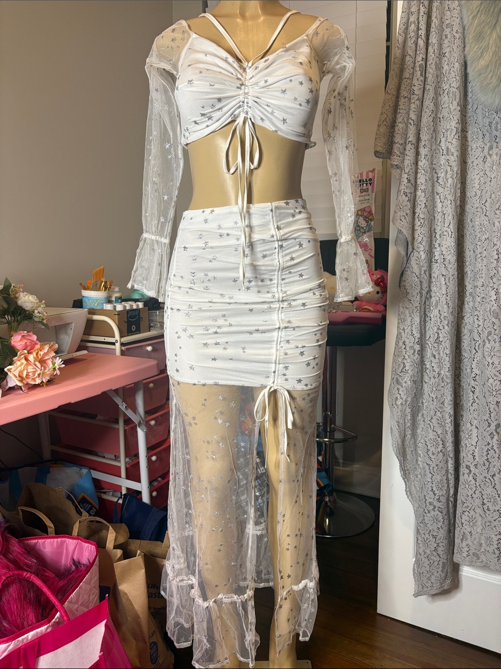 Rehab White Star-Embellished Sheer Overlay High-Low Skirt